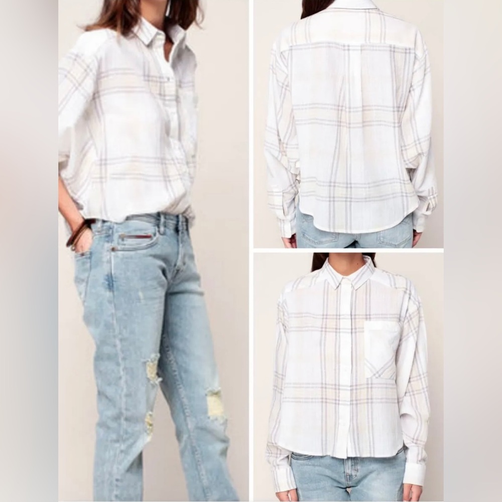 FREE PEOPLE Cutie Plaid Button Down Shirt Top Blouse Dolman Sleeves Ivory SM - Picture 2 of 16